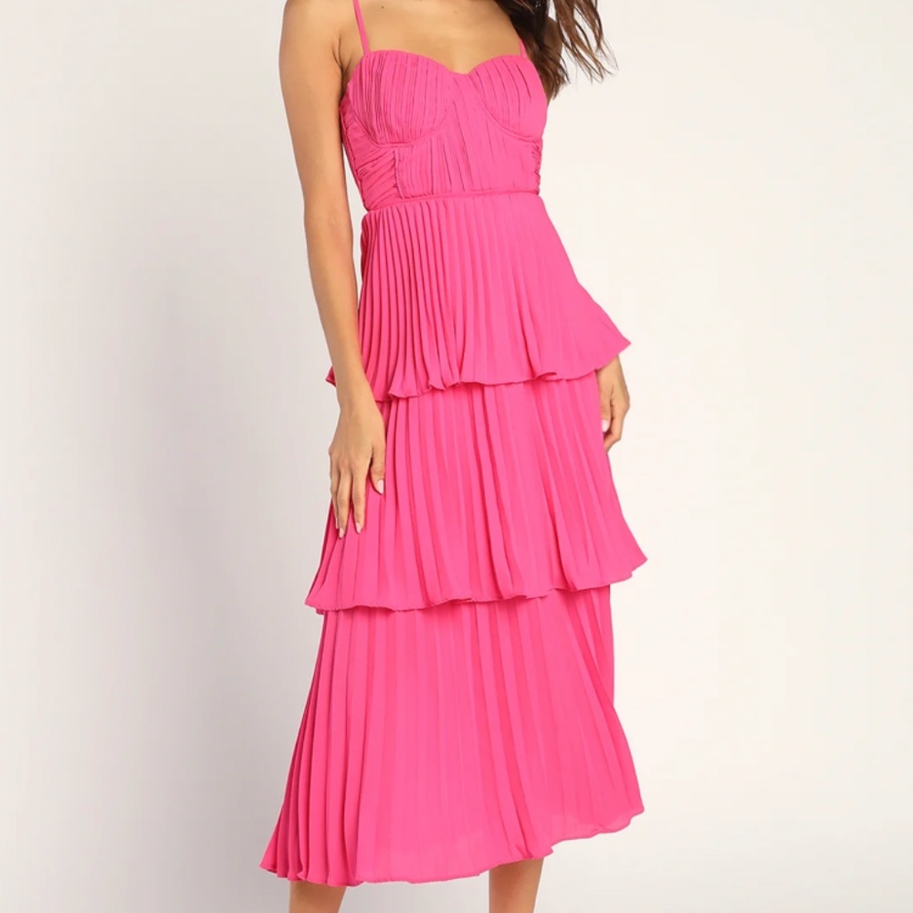 NBWLulus Cascading Crush Hot Pink Tiered Midi Dress SMALL